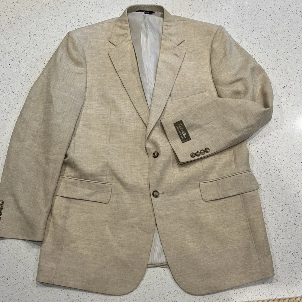 Jos A Bank Tropical Blend Blazer 44L Long Tan Linen Wool Blend Tailored Fit
